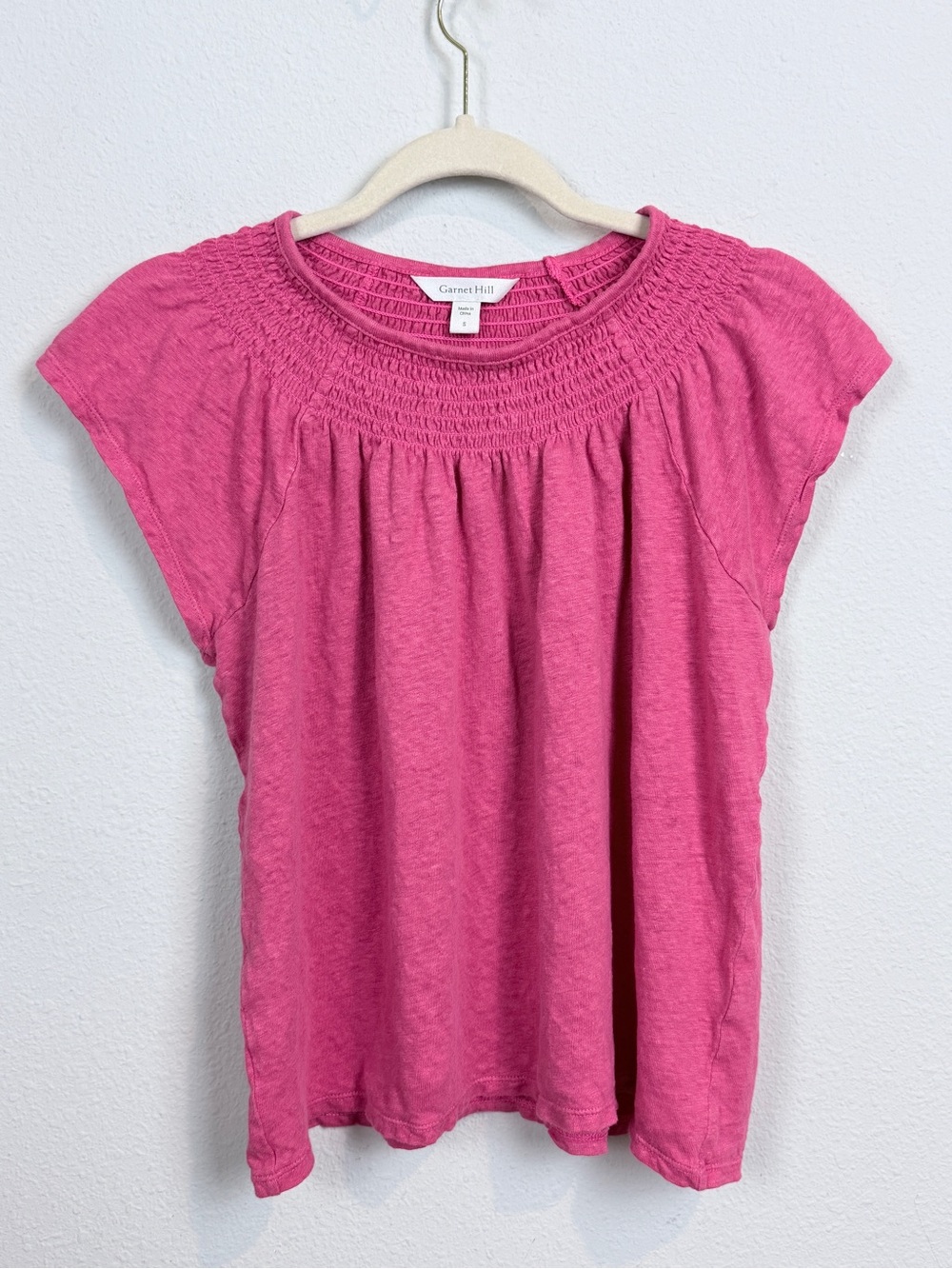 Garnet Hill Hot Pink Smocked Yoke Sleeveless Organic Linen Top S